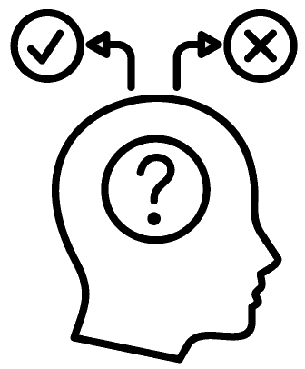 A head with a question mark in it and a tick and an x choices